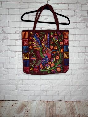 Colorful Embroidered Bird Floral Boho Artisan Tote Bag